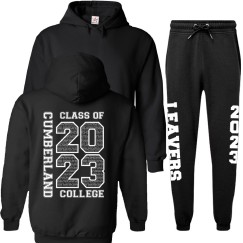 Unisex Personalised Tracksuit Hooded Sweatshirt & Jog Pants Set with School Leavers 2023 Design with Left and Right Custom Text Printing 